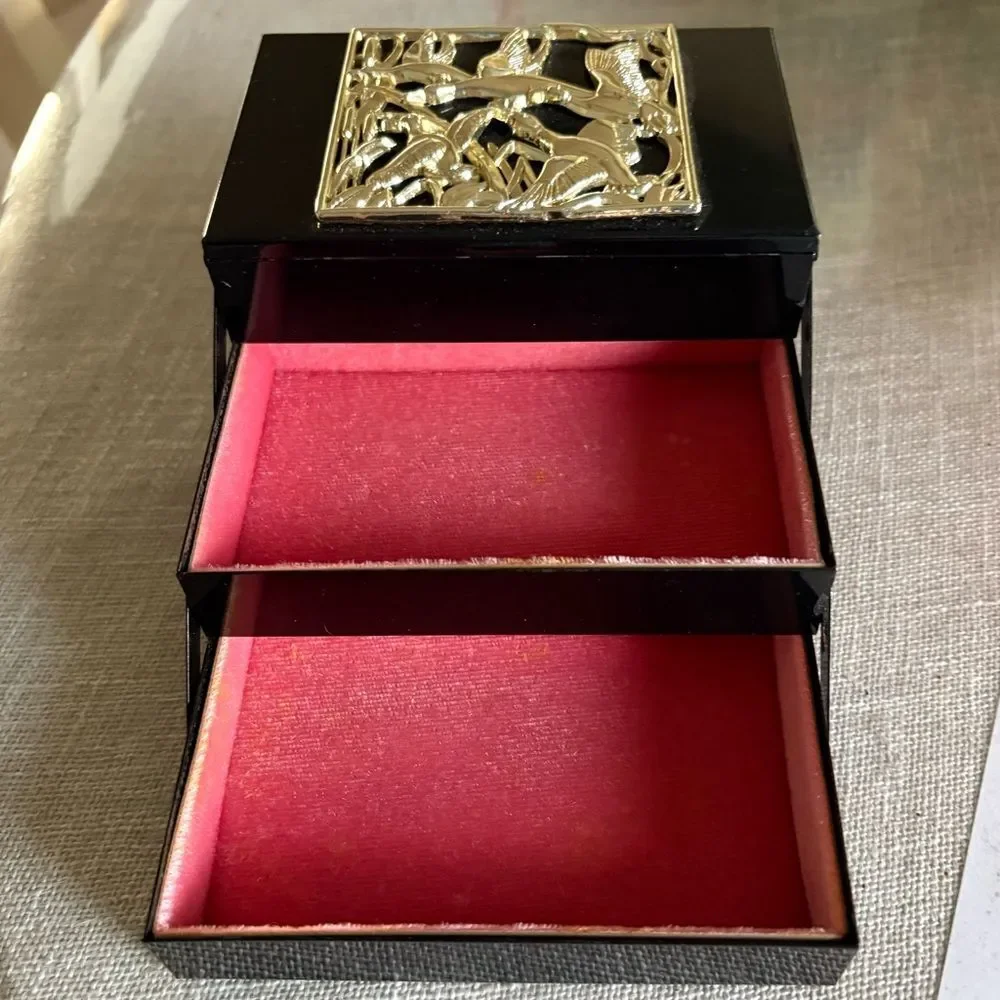 Vintage 3 Tiered Metal Trinket Japanese Jewelry Box Small